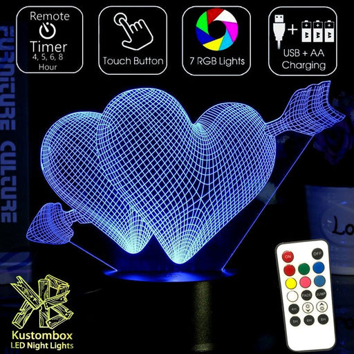 Love Hearts Double - 3D LED Night Light 7 Colours + Remote Control - Kustombox