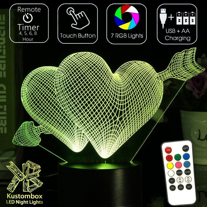 Love Hearts Double - 3D LED Night Light 7 Colours + Remote Control - Kustombox
