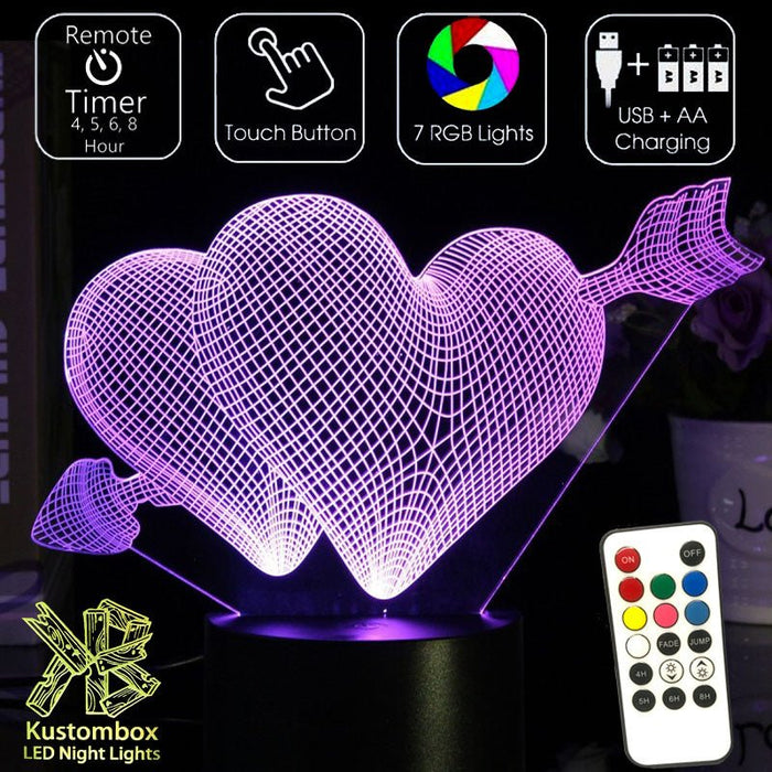 Love Hearts Double - 3D LED Night Light 7 Colours + Remote Control - Kustombox