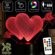 Love Hearts Double - 3D LED Night Light 7 Colours + Remote Control - Kustombox