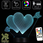 Love Hearts Double - 3D LED Night Light 7 Colours + Remote Control - Kustombox
