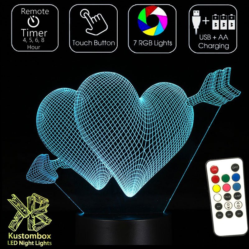 Love Hearts Double - 3D LED Night Light 7 Colours + Remote Control - Kustombox