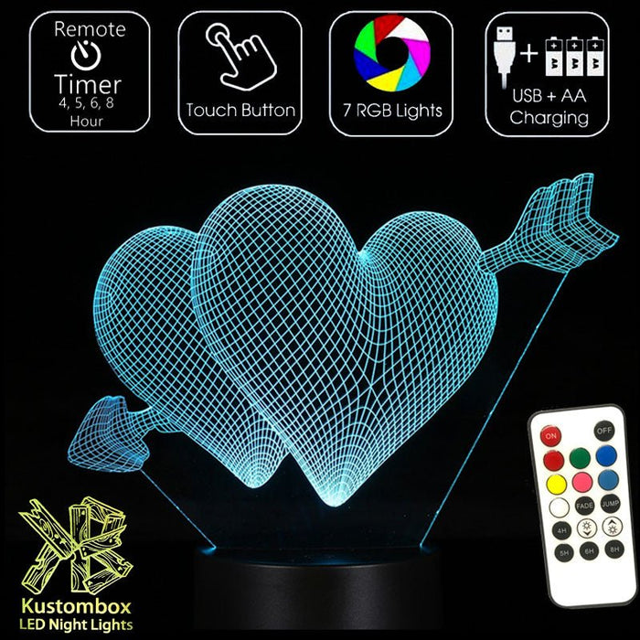 Love Hearts Double - 3D LED Night Light 7 Colours + Remote Control - Kustombox