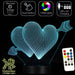 Love Hearts Double - 3D LED Night Light 7 Colours + Remote Control - Kustombox