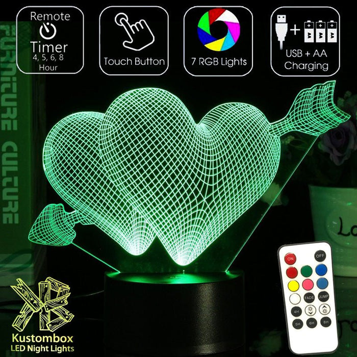 Love Hearts Double - 3D LED Night Light 7 Colours + Remote Control - Kustombox