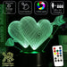 Love Hearts Double - 3D LED Night Light 7 Colours + Remote Control - Kustombox
