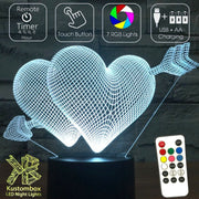 Love Hearts Double - 3D LED Night Light 7 Colours + Remote Control - Kustombox