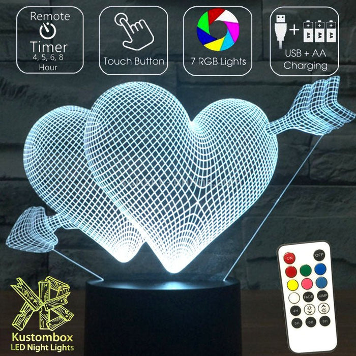 Love Hearts Double - 3D LED Night Light 7 Colours + Remote Control - Kustombox