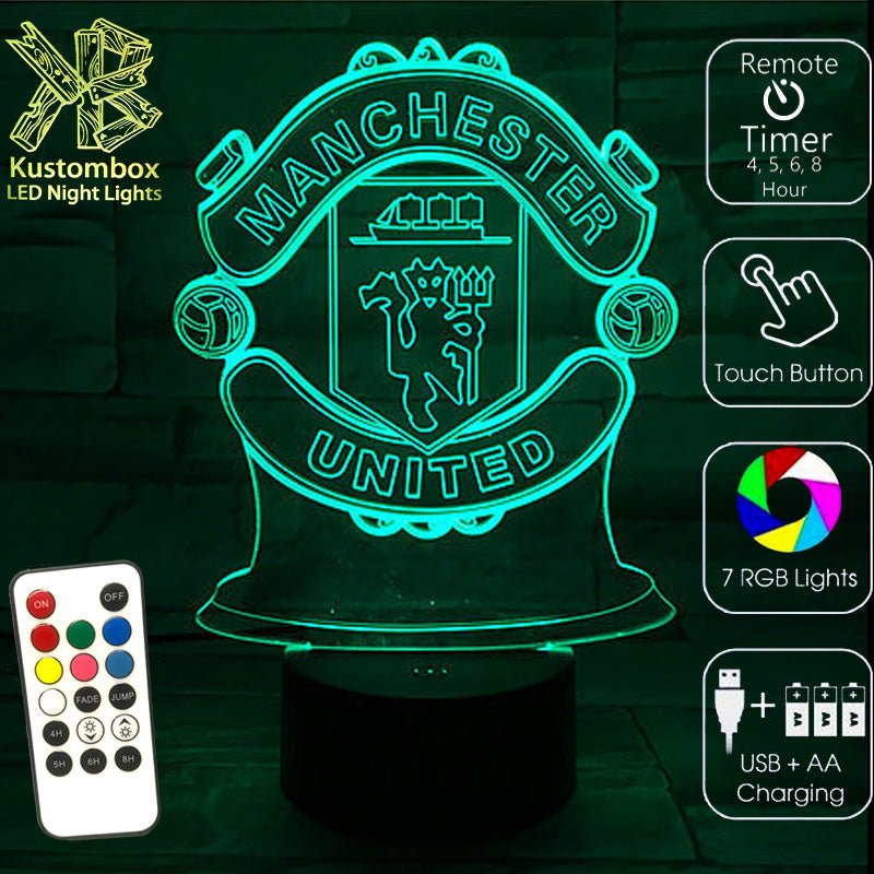 MANCHESTER UNITED Football Club LED Night Light 7 Colours + Remote Control - Kustombox EFC SOCCER