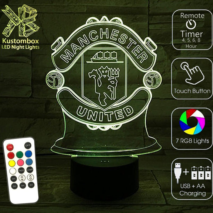 MANCHESTER UNITED Football Club LED Night Light 7 Colours + Remote Control - Kustombox EFC SOCCER