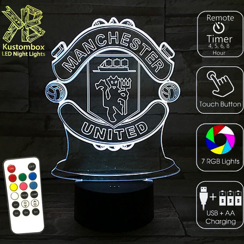MANCHESTER UNITED Football Club LED Night Light 7 Colours + Remote Control - Kustombox EFC SOCCER