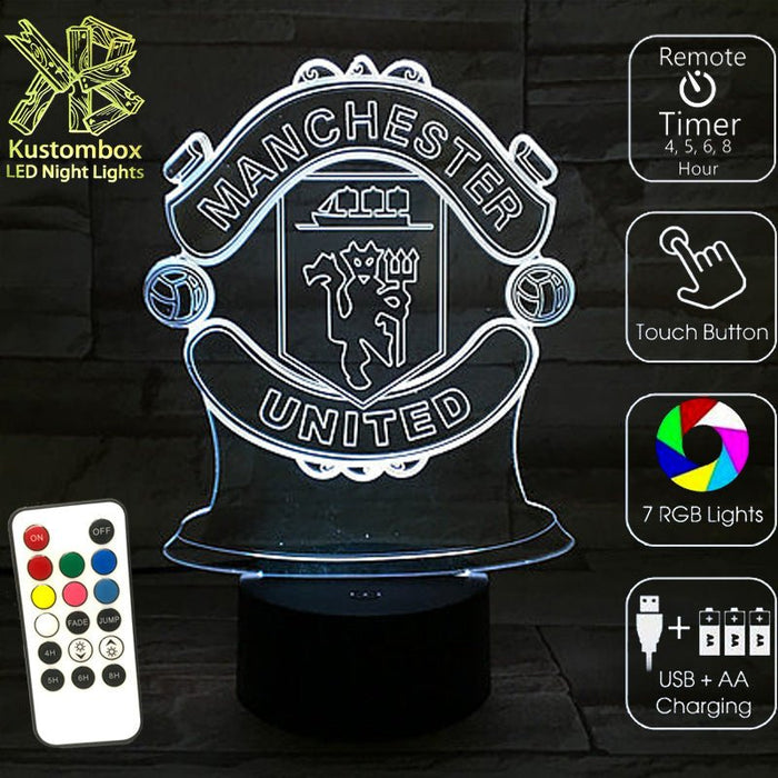 MANCHESTER UNITED Football Club LED Night Light 7 Colours + Remote Control - Kustombox EFC SOCCER