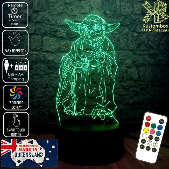Master Jedi Yoda Star Wars - 3D LED Night Light 7 Colours + Remote Control - Kustombox