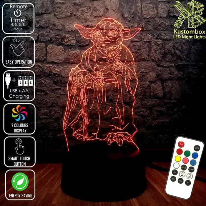 Master Jedi Yoda Star Wars - 3D LED Night Light 7 Colours + Remote Control - Kustombox