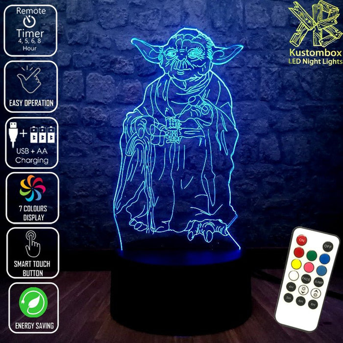 Master Jedi Yoda Star Wars - 3D LED Night Light 7 Colours + Remote Control - Kustombox
