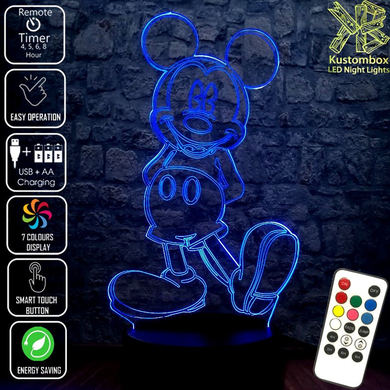 Mickey Mouse Standing Disney 3D - LED Night Light 7 Colours + Remote Control - Kustombox