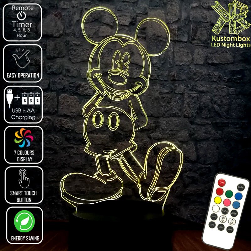 Mickey Mouse Standing Disney 3D - LED Night Light 7 Colours + Remote Control - Kustombox