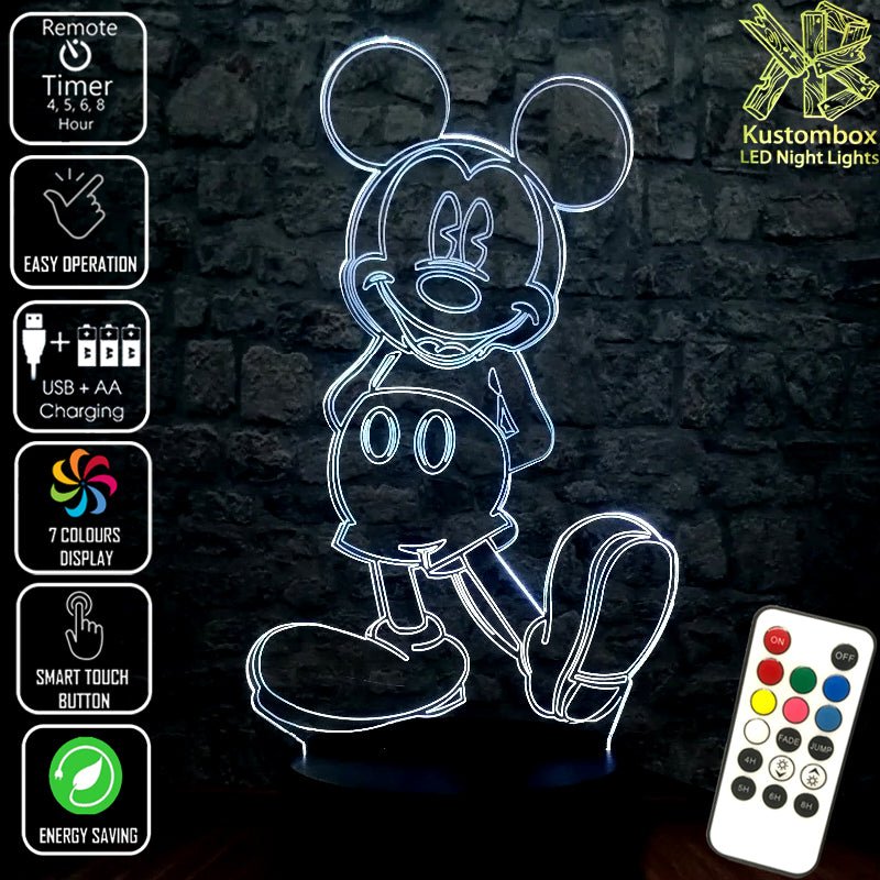 Mickey Mouse Standing Disney 3D - LED Night Light 7 Colours + Remote Control - Kustombox