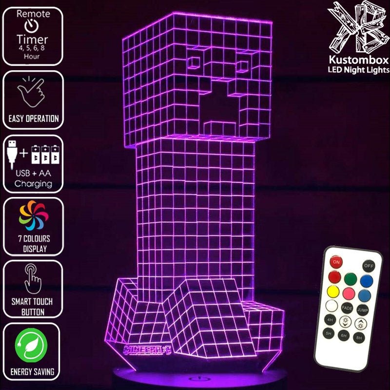 Minecraft Creeper - 3D LED Night Light 7 Colours + Remote Control - Kustombox GAMER