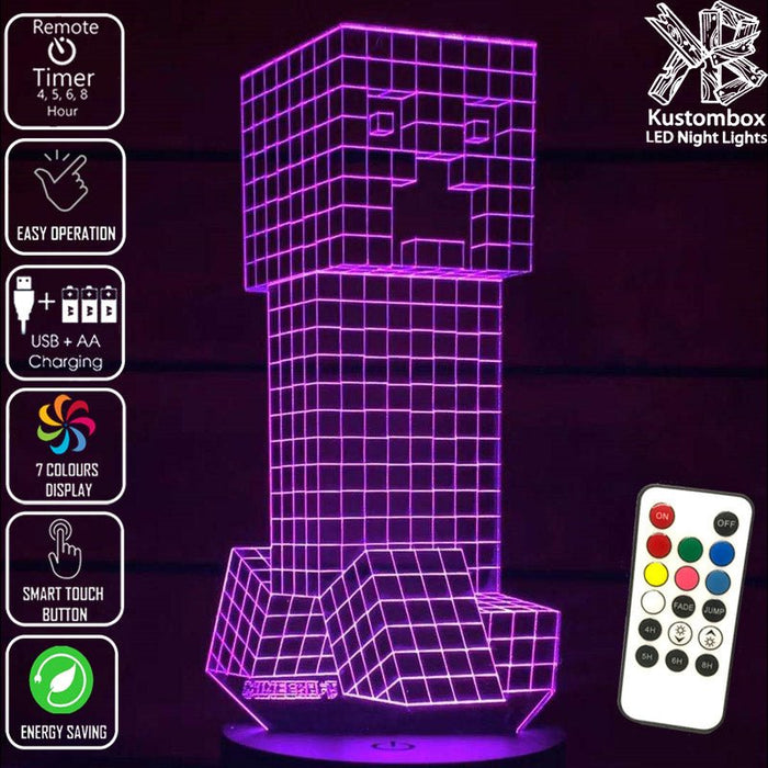 Minecraft Creeper - 3D LED Night Light 7 Colours + Remote Control - Kustombox GAMER