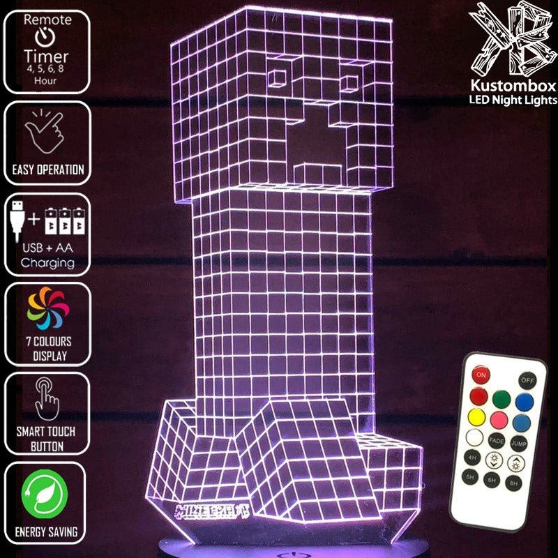 Minecraft Creeper - 3D LED Night Light 7 Colours + Remote Control - Kustombox GAMER