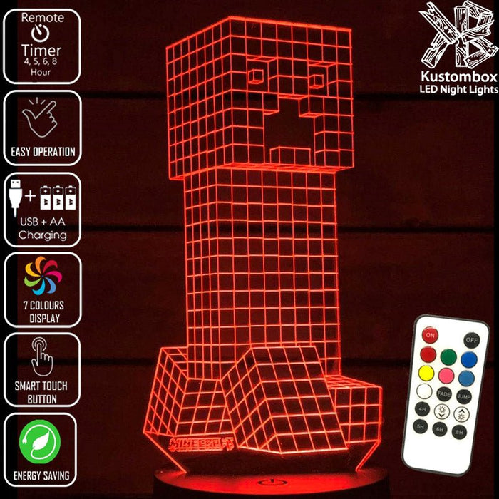 Minecraft Creeper - 3D LED Night Light 7 Colours + Remote Control - Kustombox GAMER