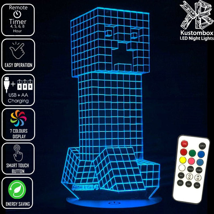 Minecraft Creeper - 3D LED Night Light 7 Colours + Remote Control - Kustombox GAMER