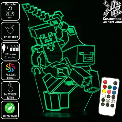 Minecraft Diamond Steve - 3D LED Night Light 7 Colours + Remote Control - Kustombox