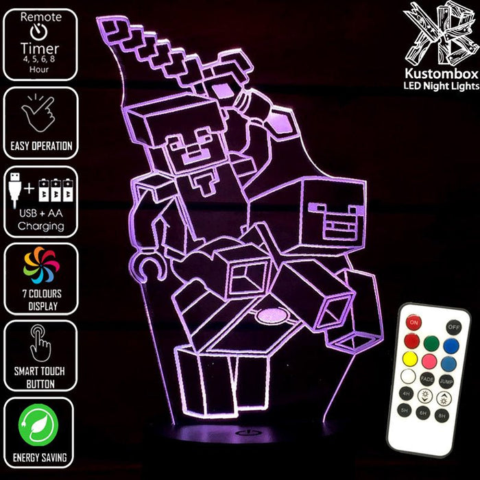 Minecraft Diamond Steve - 3D LED Night Light 7 Colours + Remote Control - Kustombox