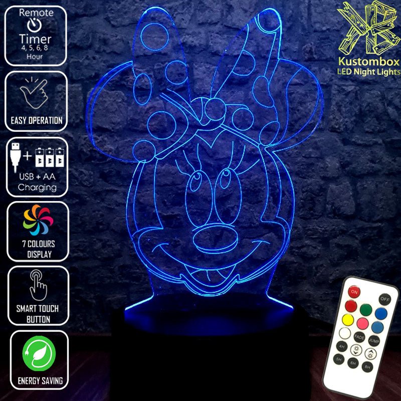 Minnie Mouse Bow Tie Head Disney- 3D LED Night Light 7 Colours + Remote Control - Kustombox