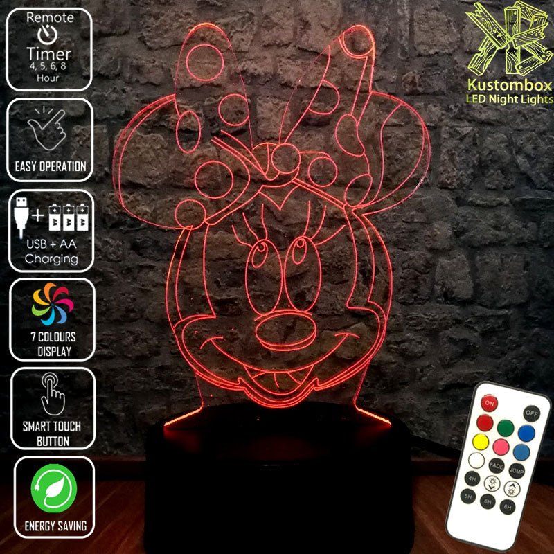 Minnie Mouse Bow Tie Head Disney- 3D LED Night Light 7 Colours + Remote Control - Kustombox