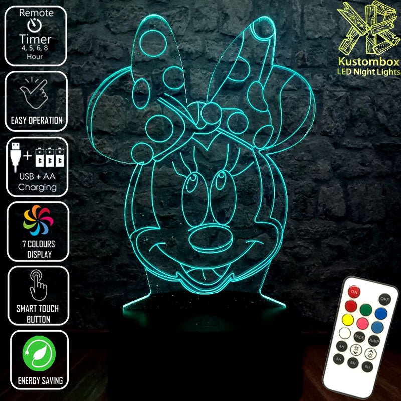 Minnie Mouse Bow Tie Head Disney- 3D LED Night Light 7 Colours + Remote Control - Kustombox
