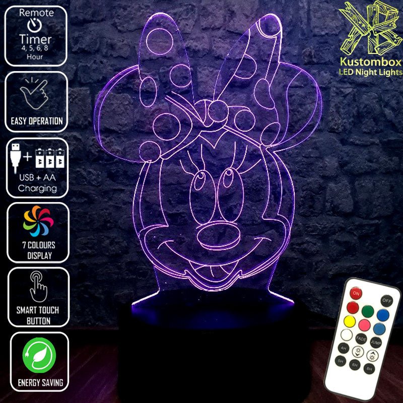 Minnie Mouse Bow Tie Head Disney- 3D LED Night Light 7 Colours + Remote Control - Kustombox