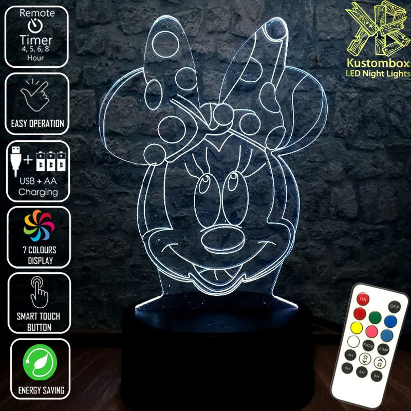 Minnie Mouse Bow Tie Head Disney- 3D LED Night Light 7 Colours + Remote Control - Kustombox