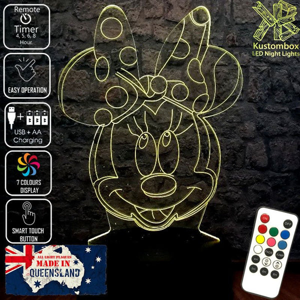 Minnie Mouse Bow Tie Head Disney- 3D LED Night Light 7 Colours + Remote Control - Kustombox