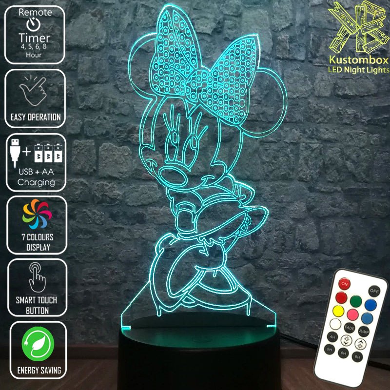 Minnie Mouse Bow Tie Standing Cute 3D - LED Night Light 7 Colours + Remote Control - Kustombox disney