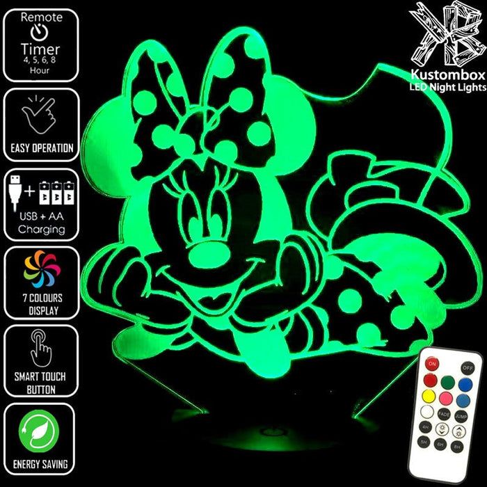 Minnie Mouse Laying Disney- 3D LED Night Light 7 Colours + Remote Control - Kustombox