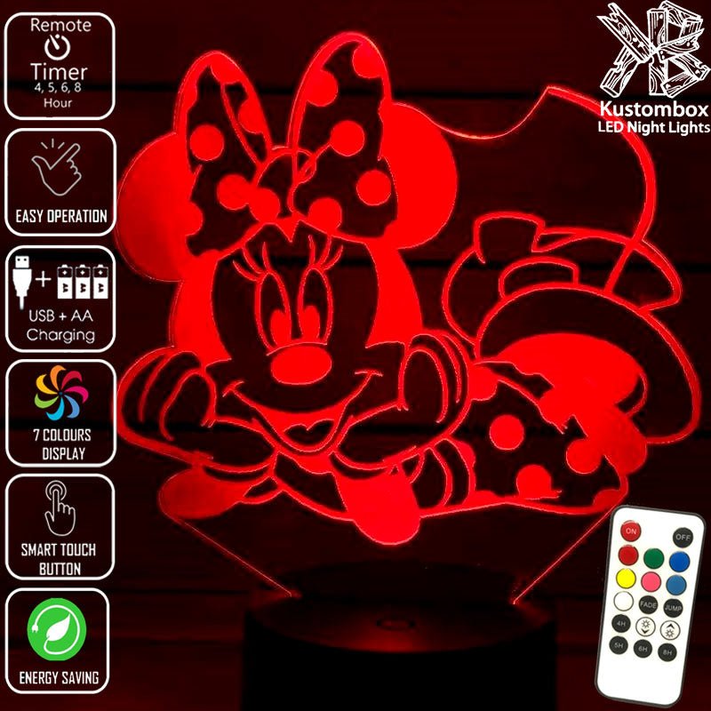 Minnie Mouse Laying Disney- 3D LED Night Light 7 Colours + Remote Control - Kustombox