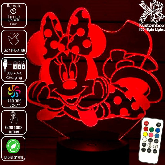Minnie Mouse Laying Disney- 3D LED Night Light 7 Colours + Remote Control - Kustombox