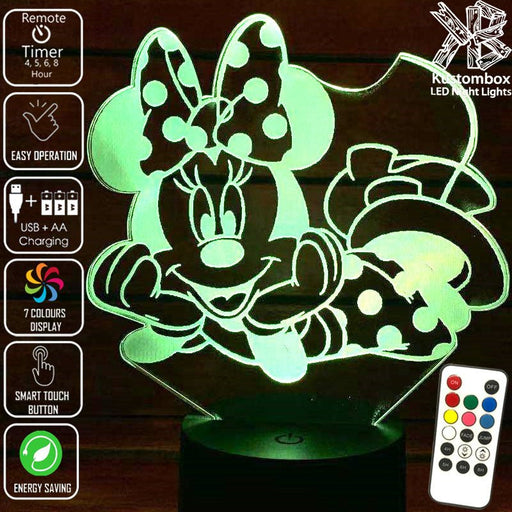 Minnie Mouse Laying Disney- 3D LED Night Light 7 Colours + Remote Control - Kustombox