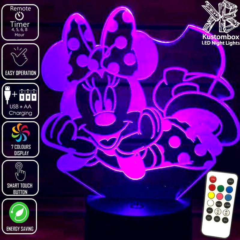 Minnie Mouse Laying Disney- 3D LED Night Light 7 Colours + Remote Control - Kustombox