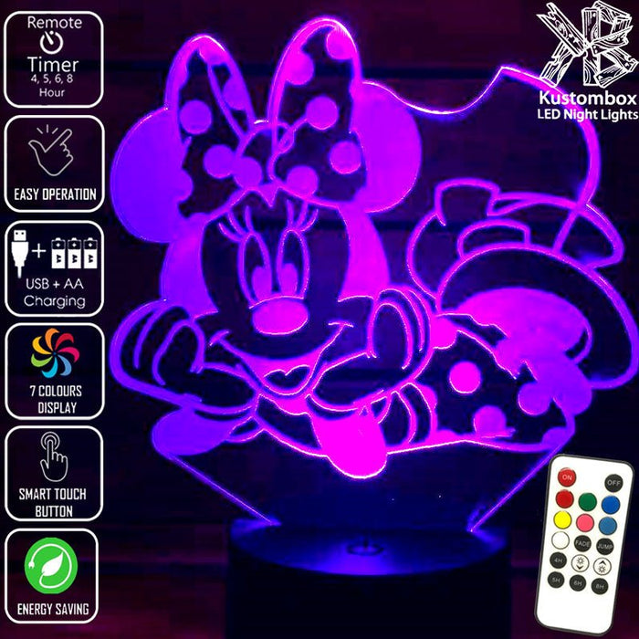 Minnie Mouse Laying Disney- 3D LED Night Light 7 Colours + Remote Control - Kustombox