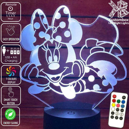 Minnie Mouse Laying Disney- 3D LED Night Light 7 Colours + Remote Control - Kustombox