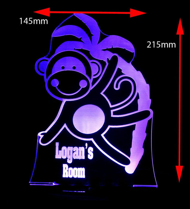 Monkey Jungle Animals Personalised Name - 3D LED Night Light 7 Colours + Remote Control - Kustombox