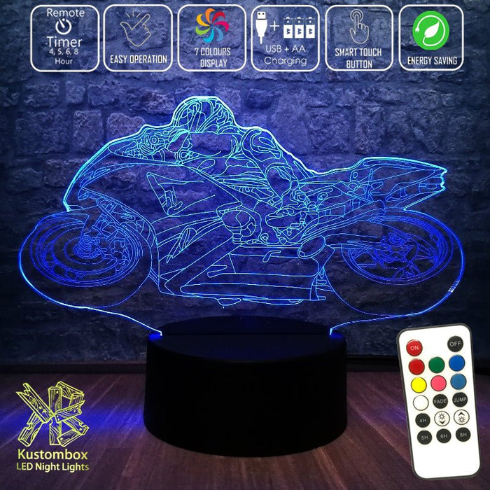 Moto GP Racing Motorbike 3D - LED Night Light 7 Colours + Remote Control - Kustombox