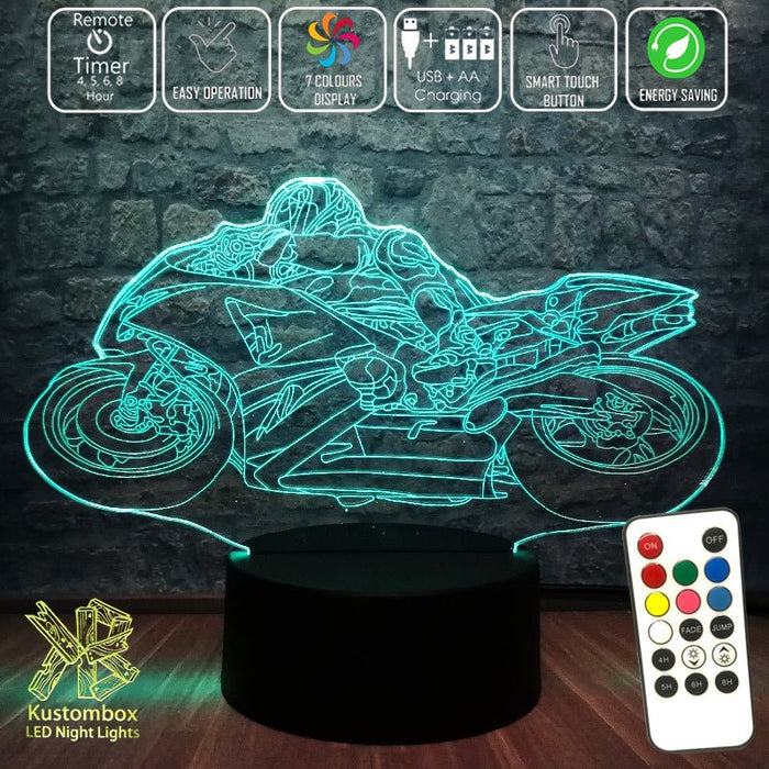 Moto GP Racing Motorbike 3D - LED Night Light 7 Colours + Remote Control - Kustombox