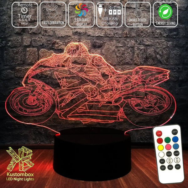 Moto GP Racing Motorbike 3D - LED Night Light 7 Colours + Remote Control - Kustombox