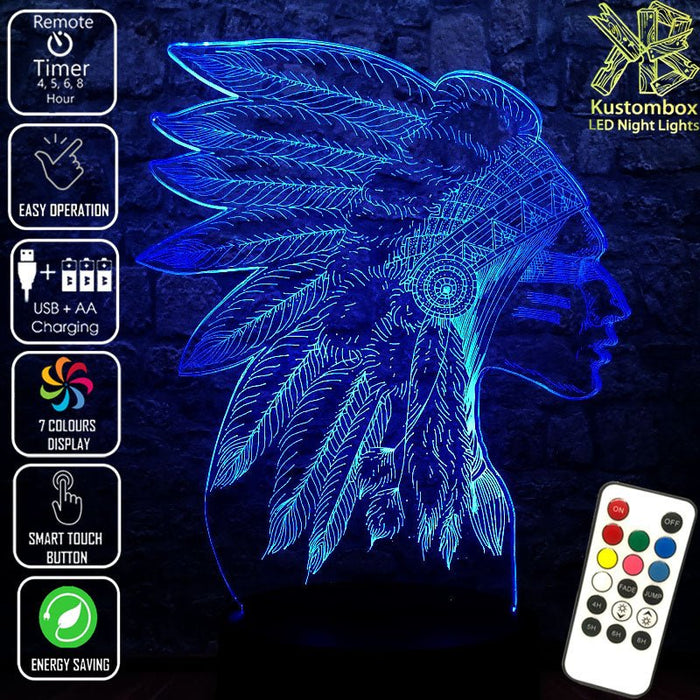 Native American Indian Cheif- 3D LED Night Light 7 Colours + Remote Control - Kustombox