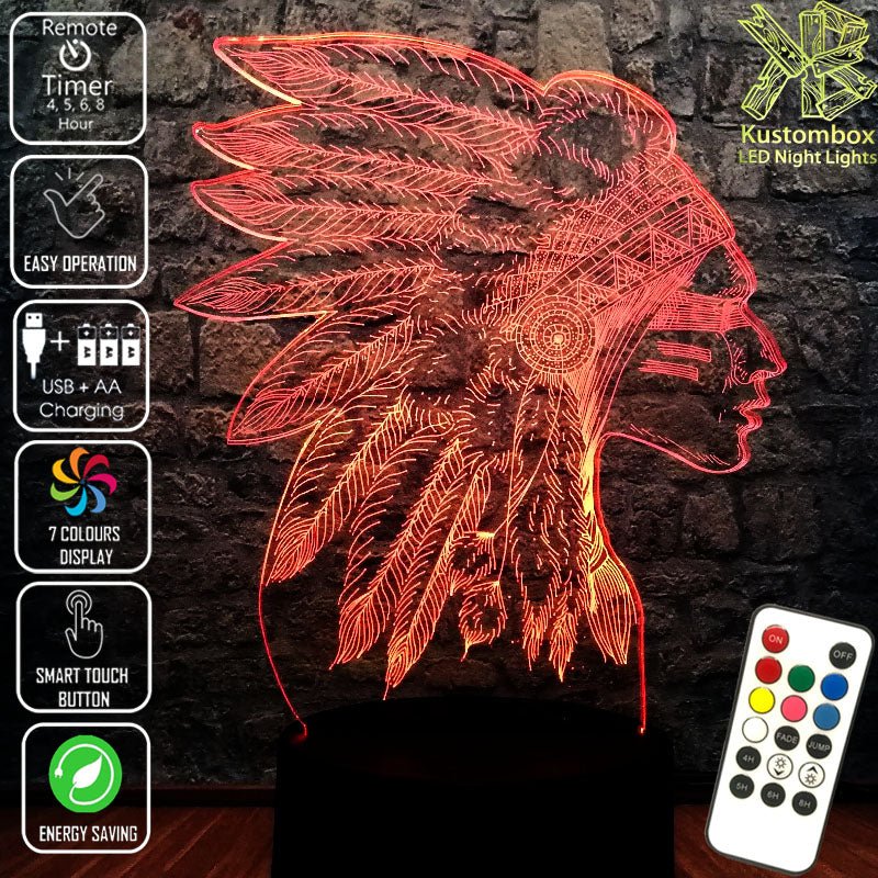 Native American Indian Cheif- 3D LED Night Light 7 Colours + Remote Control - Kustombox