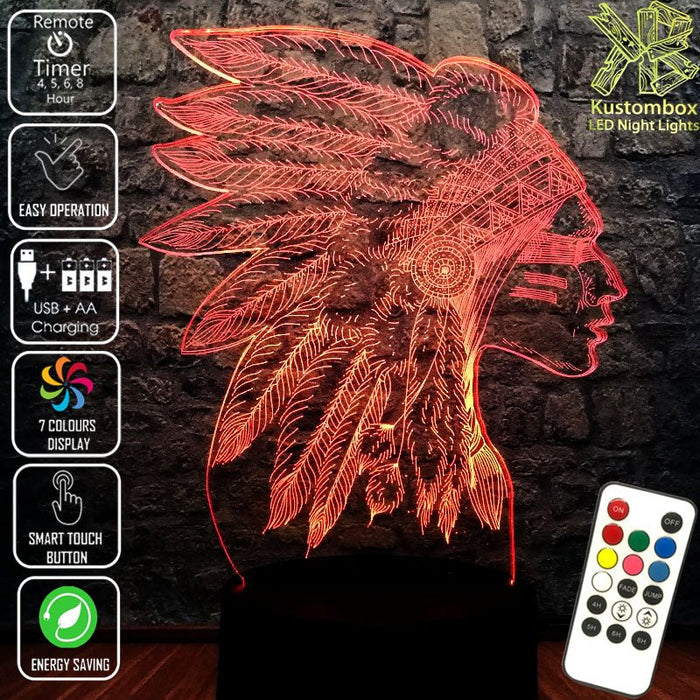 Native American Indian Cheif- 3D LED Night Light 7 Colours + Remote Control - Kustombox
